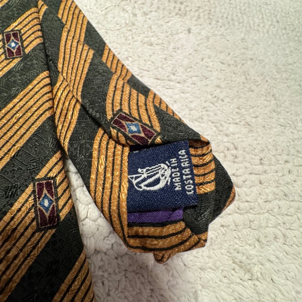 Nautica Tie Gold Green Geometric Striped Silk Heritage Professional Art Deco